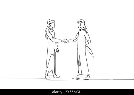 Linea continua che attira due uomini d'affari arabi che stringono la mano. Uno di loro tiene il coltello dietro. Preparatevi a pugnalare. Deve vincere a tutti i costi. Tra Illustrazione Vettoriale