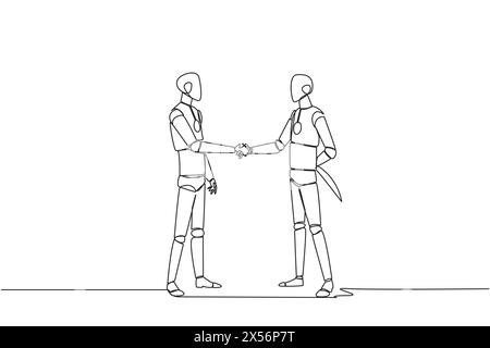 Una sola linea disegna due robot intelligenti che stringono la mano. Uno di loro tiene un coltello dietro la schiena. Preparatevi a pugnalare. Deve vincere a tutti i costi. Tra Illustrazione Vettoriale