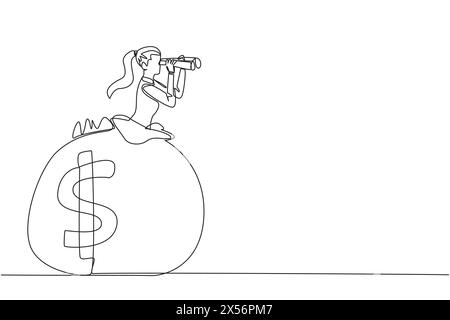 Una donna d'affari che disegna una linea continua esce dalla borsa dei soldi cerca qualcosa attraverso il binocolo. Preparatevi alla pensione e vivete confortabl Illustrazione Vettoriale