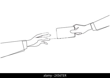 Disegno a linea singola continua con carta di debito a mano. Operazioni di pagamento effettuate non in contanti. USA le carte per semplificare le cose. Tecnologia che mak Illustrazione Vettoriale