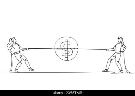 Una sola linea che disegna due donne d'affari che lottano per una moneta con il simbolo del dollaro. Competere per ottenere il minimo profitto. Stretta concorrenza nel settore W Illustrazione Vettoriale