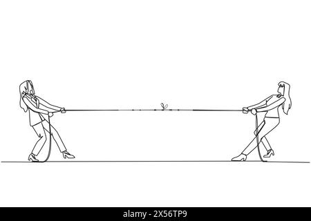 Una linea continua che disegna due donne d'affari che si tirano la corda a vicenda. Un esercizio leggero allevia l'affaticamento della routine quotidiana. Riempire il tempo libero per legare il toge Illustrazione Vettoriale