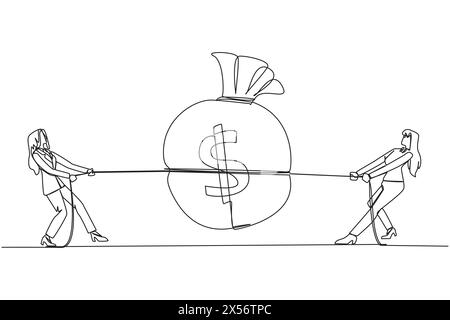 Una sola linea continua che attira due donne d'affari che lottano per una borsa dei soldi. Competizione per i soldi più grossi. Gareggia per ottenere tanti profitti quanti possi Illustrazione Vettoriale
