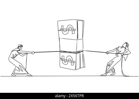 Linea unica continua che disegna due uomini d'affari arabi che combattono per le banconote. Concorso per bonus in denaro. Una somma di denaro promessa come bonus. Anno Illustrazione Vettoriale