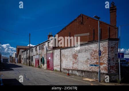 Zona industriale Great Yarmouth, Norfolk, Regno Unito. Edifici storici nella zona del porto industriale di Great Yarmouth Port. Locali industriali in Battery Rd Foto Stock