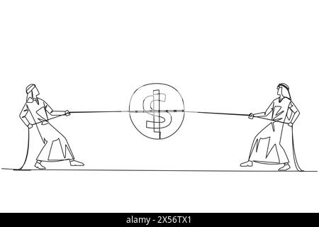 Linea continua che attira due uomini d'affari arabi che combattono per una moneta con il simbolo del dollaro. Competere per i diritti che devono essere ricevuti, anche se piccolo t Illustrazione Vettoriale