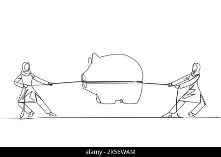 Una linea continua che attira due donne d'affari arabe che lottano per un salvadanaio. Lotta per ulteriori incentivi. Utile in pensione. savin vecchiaia Illustrazione Vettoriale