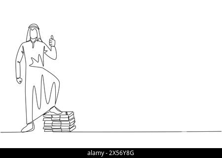 Disegna una sola linea continua, l'uomo d'affari arabo sta in piedi con i pollici in posa e i gradini su una pila di banconote con un piede. Sensazione meravigliosa. Mul Illustrazione Vettoriale