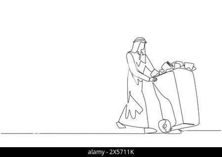 Una linea continua che disegna un uomo d'affari arabo che spinge un cestino pieno di tamponi di carta. Documento non funzionante. File inutile in ufficio. Eliminazione d Illustrazione Vettoriale