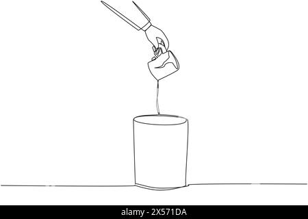 Una sola linea continua che disegna la mano di un uomo d'affari getta via la tazza rotta. la mano dell'uomo d'affari getta via la tazza rotta. Non può essere utilizzato. Acqua potabile W Illustrazione Vettoriale