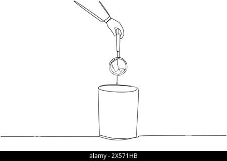 Linea singola continua che disegna la mano di un uomo d'affari gettando via la lente d'ingrandimento rotta. Non ha ottiche. Non può essere utilizzato per la ricerca. Non può essere utilizzato per Illustrazione Vettoriale