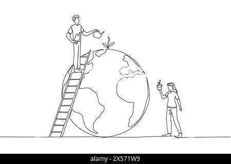 Una linea continua che disegna uomo e donna lavorano insieme per verde la terra. Piantate quanti più alberi possibile. Rende il filtro dell'aria. Concetto di ecologia. Enviro Illustrazione Vettoriale