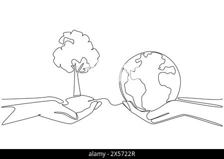 Linea continua singola che disegna due coppie di mani, ciascuna delle quali contiene un impianto e un globo. Ambiente ecologico. Tutela dell'ambiente. Reingrassare la terra. Fr Illustrazione Vettoriale