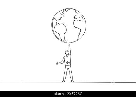 Linea singola continua che disegna uomo in piedi con una sola mano. Il desiderio diventa abbastanza forte da proteggere la terra da sola. Tenere lontano dalla dispersione Illustrazione Vettoriale