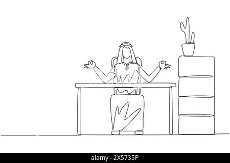 Una linea continua che disegna l'uomo arabo seduto sulla sedia da lavoro con le dita arrotondate. Rilassante. Elimina lo stress causato dagli straordinari nei weekend lunghi. Stret Illustrazione Vettoriale