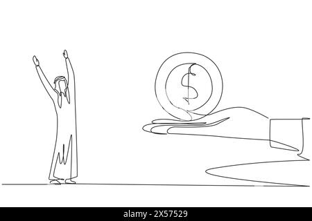 Un uomo d'affari arabo che disegna una linea continua è entusiasta di ottenere la moneta simbolo del dollaro da una mano gigante. Premi redditizi. Utile da tenere. Venture cap Illustrazione Vettoriale