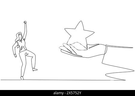 Una donna d'affari che disegnava una linea continua era felice di ottenere una stella da mano gigante. Ottenere sempre buoni voti. Dipendente del mese. Lavoro duro e intelligente. Illustrazione Vettoriale