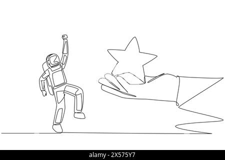 Una linea continua che disegnava l'astronauta era felice di ottenere una stella dalla mano gigante. Realizzare sogni. Un successo straordinario per un astronauta. Cosmon Illustrazione Vettoriale