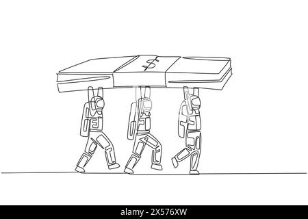 Gruppo di astronauti che lavorano insieme per disegnare una linea continua e che trasportano una pila di banconote. Lavorate sodo insieme. Vantaggio reciproco. Esterno cosmonauta S Illustrazione Vettoriale