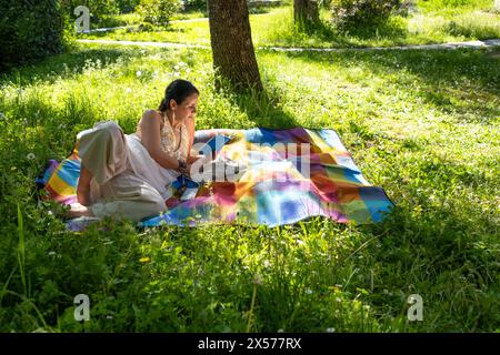 Una bella donna di mezza età riposa e legge un libro, distesa in mezzo a un campo su una coperta colorata a scacchi. In background, un tracciato può essere Foto Stock