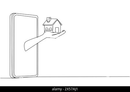 Una singola linea continua che disegna le mani dal centro dello smartphone che tiene una casa in miniatura. Ottenere la migliore risorsa sotto forma di casa da busi Illustrazione Vettoriale