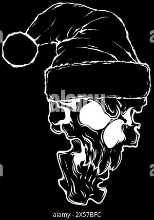 Silhouette bianca del teschio natalizio su sfondo nero Illustrazione Vettoriale