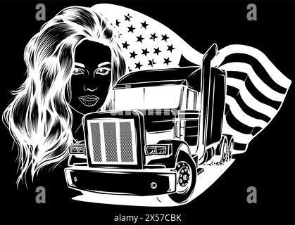 Silhouette bianca di Classic American Truck. Illustrazione vettoriale con bandiera americana e donna su sfondo nero Illustrazione Vettoriale