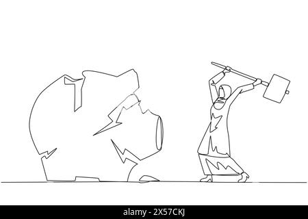 Una linea continua che disegna una donna d'affari araba che si prepara a colpire un grande salvadanaio. A corto di capitale. Affari non redditizi. Sto cercando nuova fortuna. Illustrazione Vettoriale