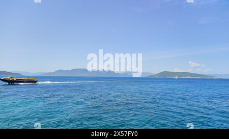 Tranquilla isola di Moni, Egina, Grecia. Un luogo dove prendere il sole con cervi e pavoni. Foto Stock