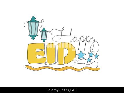 Disegno a linea continua di Happy Eid al Fitr Mubarak e Ramadan Kareem Concept. Disegno calligrafico islamico per la stampa, biglietto d'auguri, Illustrazione Vettoriale