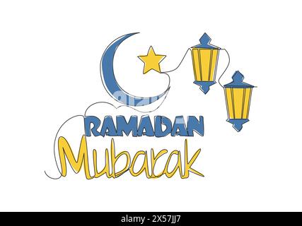 Un disegno continuo di Happy Eid al Fitr Mubarak e Ramadan Kareem Concept. Design calligrafico per le festività islamiche per stampa, biglietti d'auguri, divieto Illustrazione Vettoriale