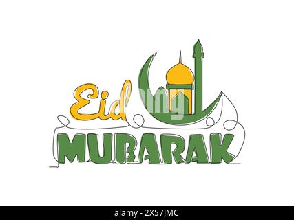 Disegno a linea continua di Happy Eid al Fitr Mubarak e Ramadan Kareem Concept. Disegno calligrafico islamico per la stampa, biglietto d'auguri, Illustrazione Vettoriale