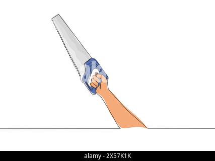 Disegno a linea singola continua dell'uomo che tiene la sega manuale. Concetto di strumenti handyman. Illustrazione del disegno vettoriale a una linea Illustrazione Vettoriale