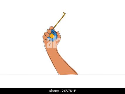 Un disegno su una sola linea di uomo che tiene il metro a nastro. Concetto di strumenti handyman. Illustrazione del design del vettore di disegno a linea continua Illustrazione Vettoriale