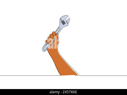 Un disegno a linea continua di MAN che tiene la chiave chiave in acciaio inox. Concetto di strumenti handyman. Illustrazione del disegno vettoriale a linea singola Illustrazione Vettoriale