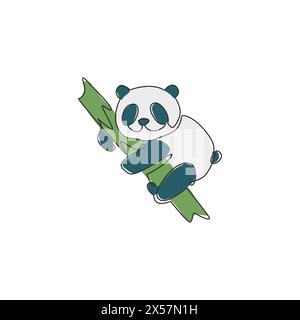 Un disegno continuo di adorabile panda che dorme presso il ramo d'albero per l'identità del logo aziendale. Concetto di business Icon dalla forma di animali mammiferi. Dinam Illustrazione Vettoriale