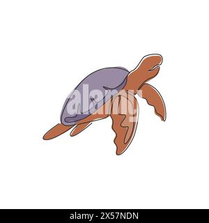 Un disegno continuo di tartaruga marina selvatica per l'identità del logo del parco acquatico acquatico acquatico. Simpatico concetto di mascotte di animali rettili oceanici per organizzazione ambientale Illustrazione Vettoriale