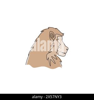 Un disegno continuo della testa di babbuino per l'identità del logo della giungla. Concetto di mascotte animale primate per l'icona del parco nazionale. Camera singola alla moda Illustrazione Vettoriale