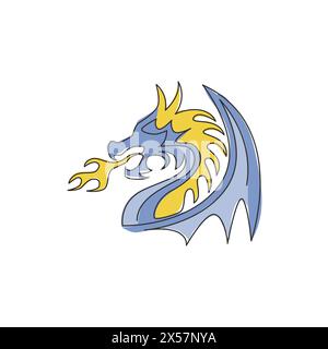Disegno a linea singola continua di mostri immaginari drago per la tradizionale identità cinese del logo. Magica leggenda creatura concetto di mascotte per marziale Illustrazione Vettoriale