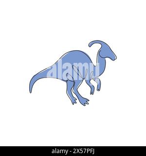 Disegno a linea singola continua di Agile parasaurolophus per l'identità del logo. Concetto di mascotte animali preistorica per l'icona del parco divertimenti a tema dei dinosauri. Illustrazione Vettoriale