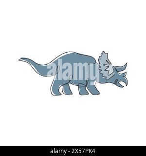 Un disegno continuo dell'adorabile animale preistorico triceratops per l'identità del logo. Concetto di mascotte dei dinosauri per l'icona del museo preistorico. Singolo Illustrazione Vettoriale