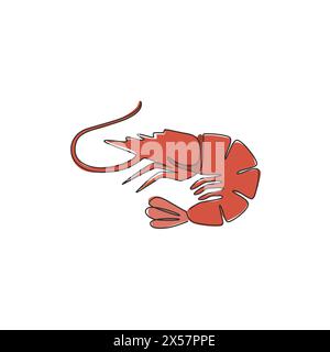 Un disegno continuo di gamberi freschi per l'identità del logo dei frutti di mare. Concetto di mascotte di gamberi per l'icona del ristorante cinese. Design con disegno a linea singola vecto Illustrazione Vettoriale