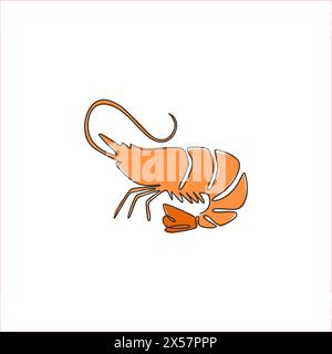 Disegno a linea singola continua di gamberi grandi per un'identità del logo dei frutti di mare sani. Concetto di mascotte di gamberi per l'icona del ristorante cinese. Una linea disegna graphi Illustrazione Vettoriale