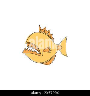 Disegno a linea singola continua di piranha selvaggio e feroce per l'identità del logo. Il concetto della mascotte dei pesci mostruosi per avvisare l'icona del segnale del fiume pericoloso. Un li Illustrazione Vettoriale