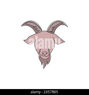 Un disegno continuo di una simpatica testa di capra per l'identità del logo del bestiame. Emblema della mascotte di agnello concetto per l'icona del bestiame. Moderna linea singola Illustrazione Vettoriale