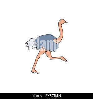 Un disegno su una sola linea di struzzo gigante da corsa per l'identità del logo. Concetto di mascotte per uccelli senza volo per l'icona del parco safari. Linea continua moderna d Illustrazione Vettoriale