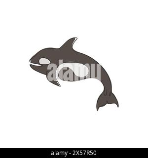 Un disegno a linea singola di una grande e carina orca per l'identità del logo aziendale. Il concetto di mascotte delle balene Orcinus per l'icona dello zoo acquatico nazionale. Linea continua moderna Illustrazione Vettoriale