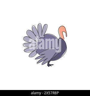 Disegno di una sola linea del tacchino grande per l'identità del logo del pollame. Il concetto della mascotte degli uccelli selvatici per l'agricoltura. Moderno vettore di disegno a linee continue Illustrazione Vettoriale