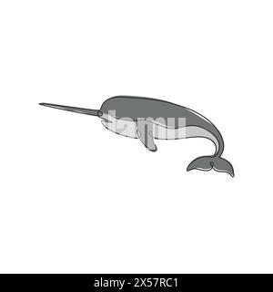 Singola linea continua di adorable narwhal per l'identità del logo. Il concetto di mascotte animale di Narwhale per icona creatura magica. Disegno a una linea v Illustrazione Vettoriale