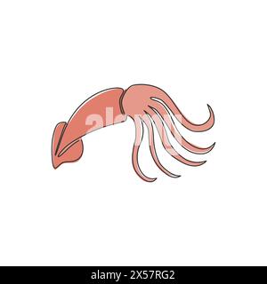 Un disegno su una sola linea di calamari di bellezza per l'identità del logo del ristorante cinese. Grande concetto di mascotte di seppia per un pesce fresco e salutare icona. Modalità Illustrazione Vettoriale